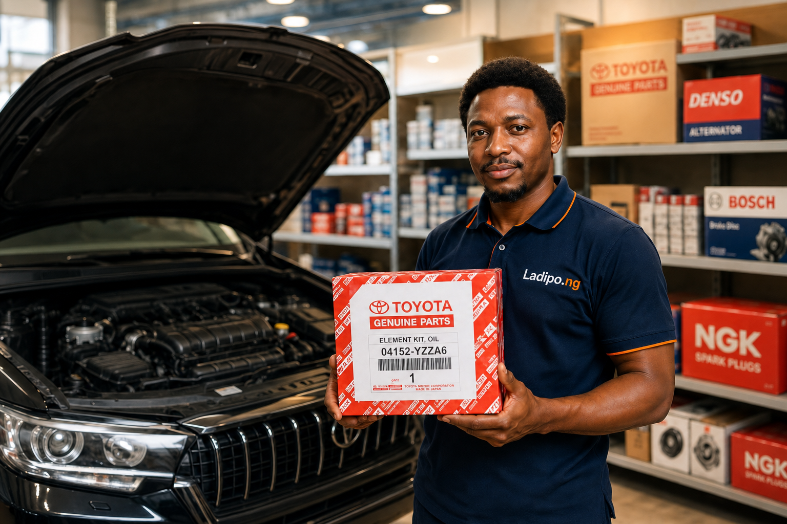 Ladipo.ng advisor with Toyota Genuine Parts beside an open engine bay